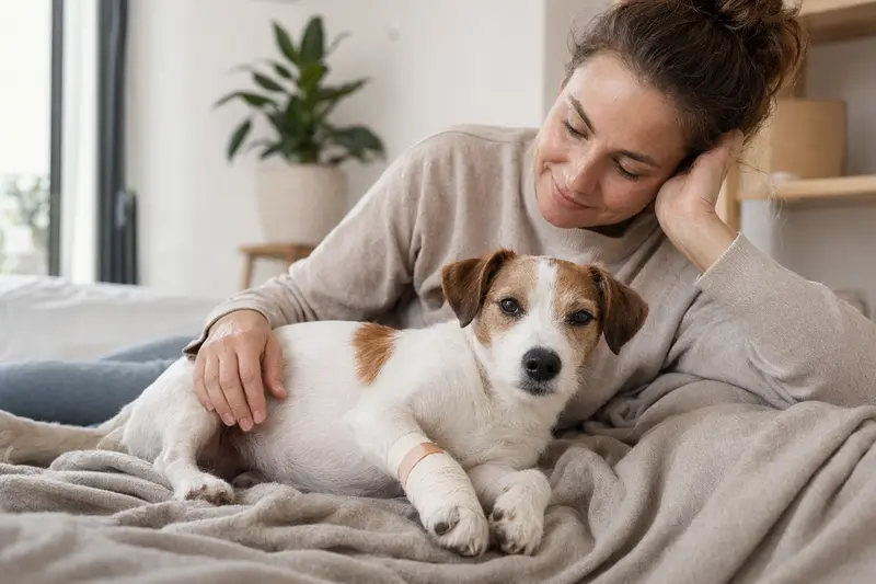 Ein Parson Jack Russell Terrier mit leichtem Verband an der Pfote liegt ruhig auf einer Decke, während sein Besitzer neben ihm sitzt und erleichtert wirkt.