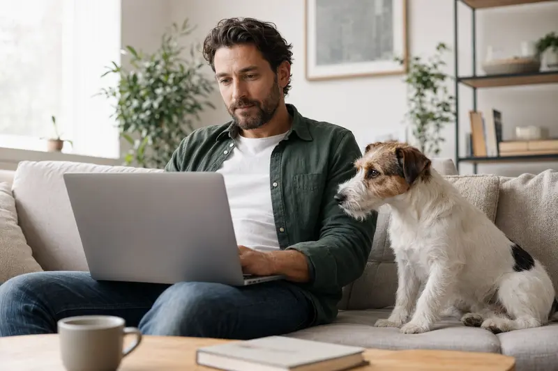 Besitzer mit Parson Jack Russell Terrier auf dem Sofa, während er eine Versicherungsvergleichsseite auf dem Laptop betrachtet.