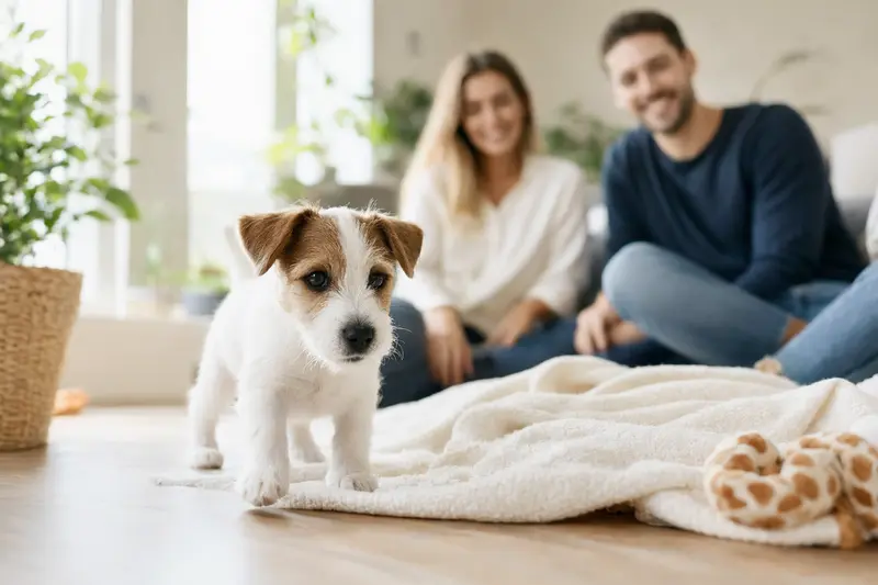Ein neugieriger Parson Jack Russell Terrier Welpe erkundet seine freundliche Wohnung mit einer weichen Decke und Spielzeug, während die Familie im Hintergrund liebevoll zuschaut.