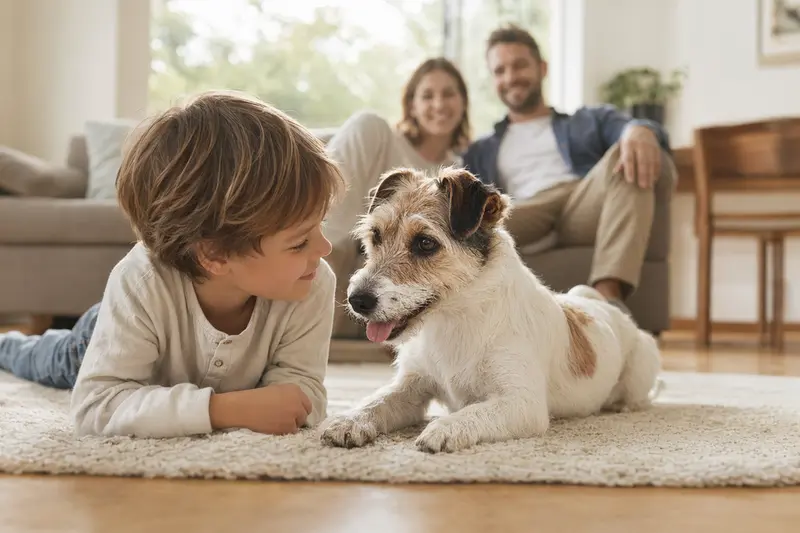 Ein Parson Russell Terrier liegt entspannt neben einem Kind im hellen Wohnzimmer, während die Eltern im Hintergrund eine sichere Familienatmosphäre schaffen.