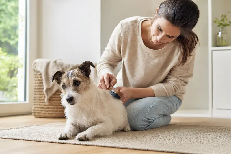Ein Parson Russell Terrier wird in einer hellen Wohnung von seinem Besitzer sanft gebürstet und gepflegt.