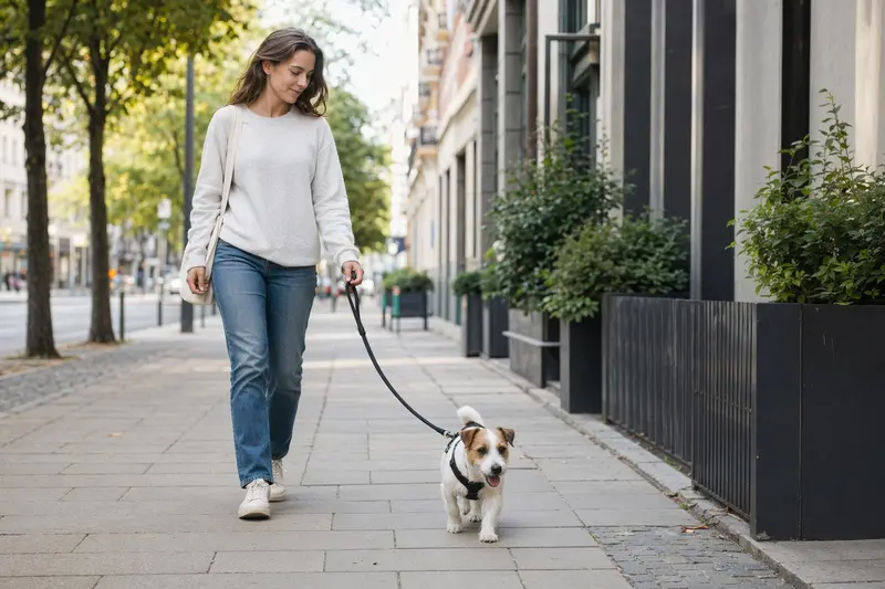 Ein Parson Russell Terrier läuft an der Leine mit seinem Besitzer durch eine freundliche moderne Stadtstraße.