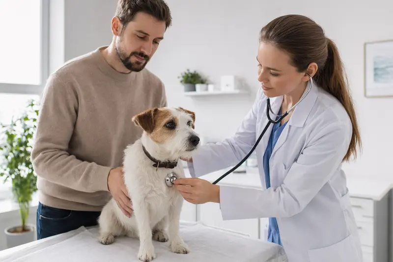 Ein Parson Russell Terrier wird behutsam von einer freundlichen Tierärztin mit einem Stethoskop in einer modernen Tierarztpraxis untersucht.