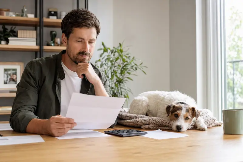 Ein Hundehalter sitzt mit einer Tierarztrechnung am Tisch, während ein entspannter Parson Russell Terrier auf einer Decke in einer hellen Wohnung liegt.