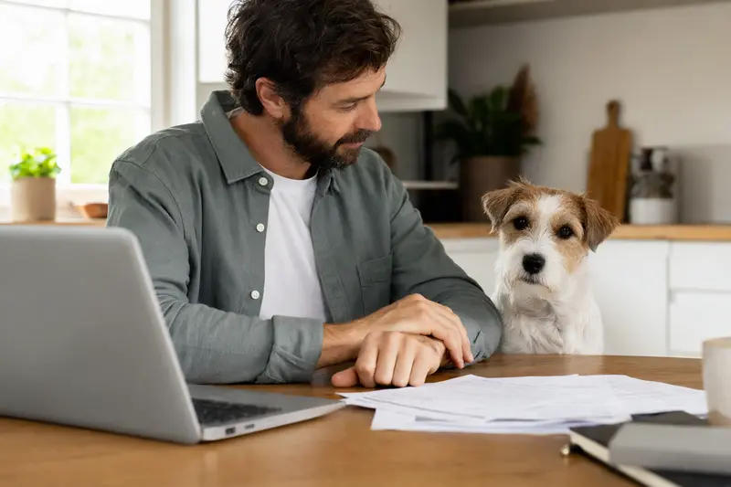 Ein Parson Russell Terrier sitzt ruhig neben seinem Besitzer am Küchentisch mit Versicherungsunterlagen und Laptop zur Tierkrankenversicherung.