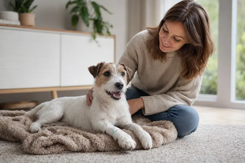 Parson Russell Terrier mit leicht verbundenem Pfotenverband liegt ruhig auf einer Decke neben seinem erleichterten Besitzer in einer hellen Wohnung.
