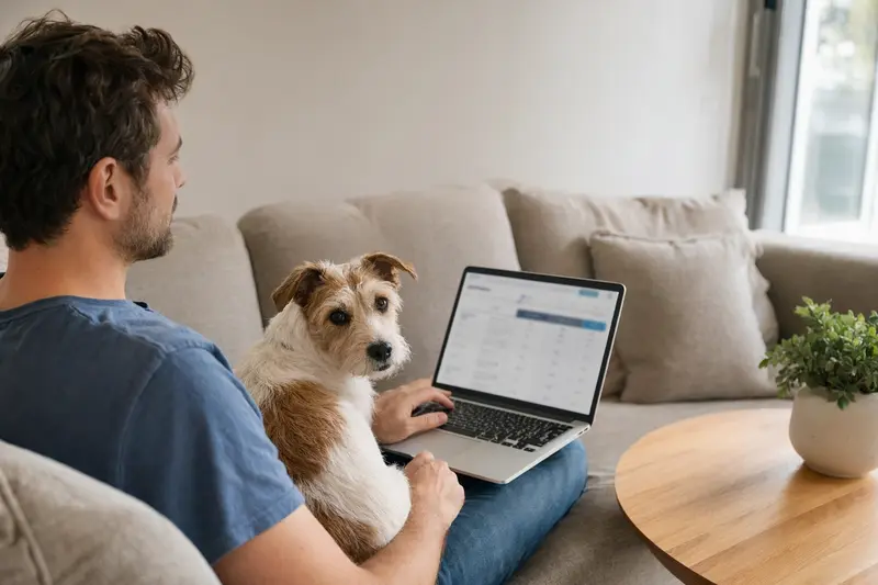 Ein Hundebesitzer sitzt auf dem Sofa mit einem Parson Russell Terrier und vergleicht Online-Tierversicherungen.