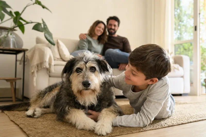 Freundlicher Pastor Garafiano Hund liegt entspannt neben einem Kind im Wohnzimmer, während die Eltern im Hintergrund eine sichere Familienatmosphäre schaffen.