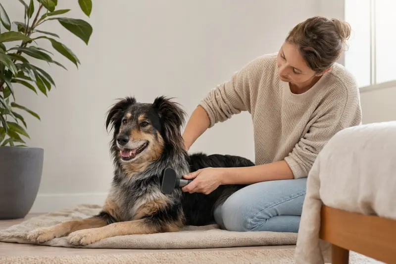 Ein Pastor Garafiano Hund wird in einer hellen Wohnung von seinem Besitzer sanft gebürstet, was die liebevolle Fellpflege und verantwortungsvolle Hundehaltung zeigt.