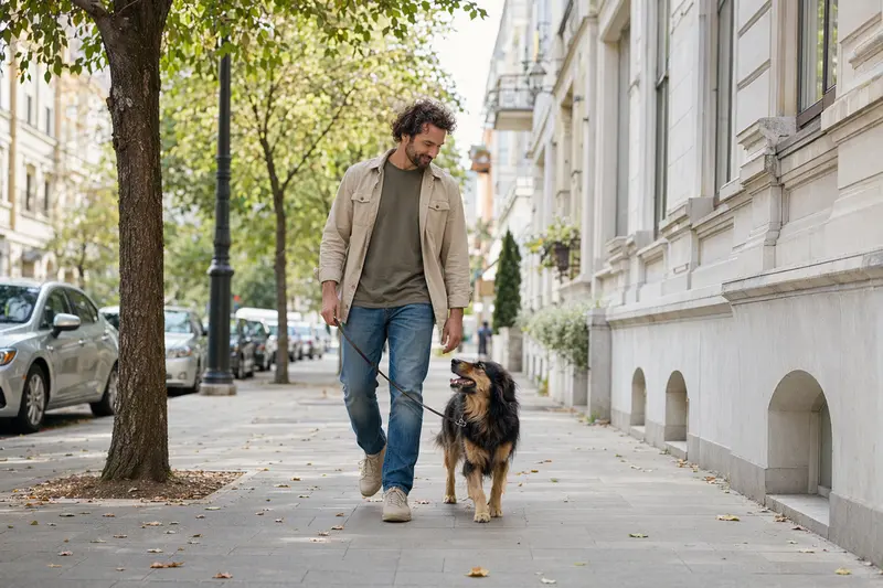 Ein Pastor Garafiano Hund läuft an der Leine mit seinem Besitzer durch eine moderne Stadtstraße.