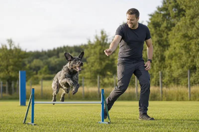 Ein Pastor Garafiano Hund springt mit seinem Besitzer über eine kleine Trainingshürde auf dem Hundeplatz bei sonnigem Wetter.