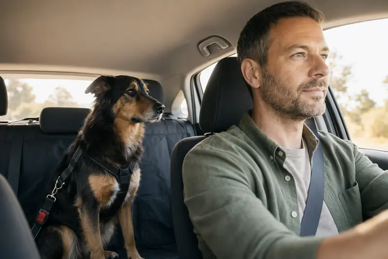 Ein Pastor Garafiano Hund sitzt sicher angeschnallt auf der Rückbank eines Autos, während der Besitzer ruhig fährt.