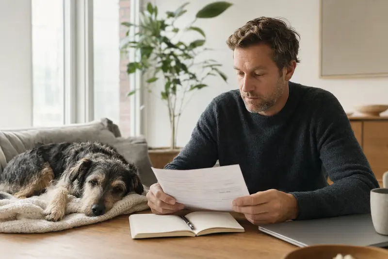 Ein Hundebesitzer sitzt mit einer Tierarztrechnung am Tisch, während ein entspannter Pastor-Garafiano-Hund auf einer Decke daneben liegt.
