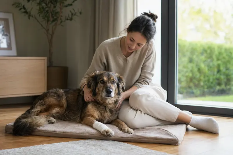 Ein Pastor Garafiano Hund mit leichtem Verband an der Pfote liegt ruhig auf einer Decke, während sein erleichterter Besitzer neben ihm sitzt.