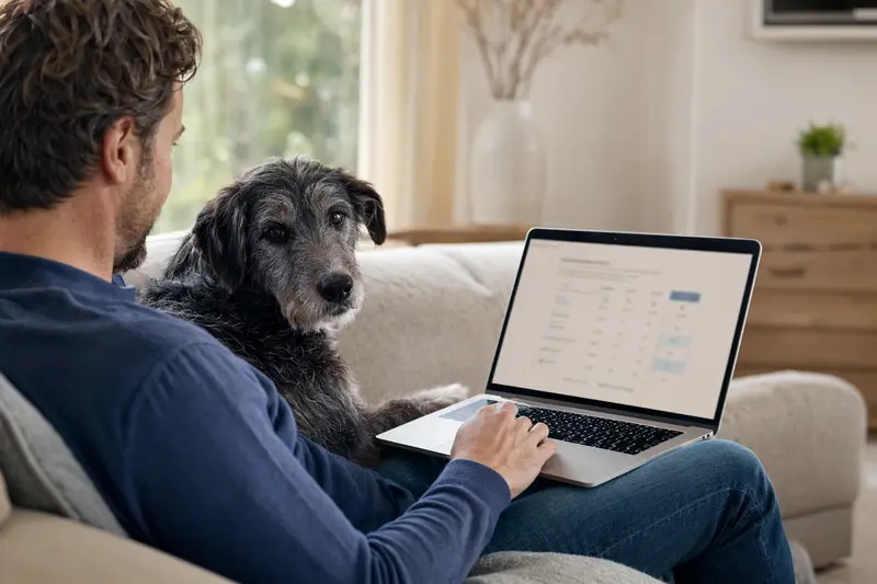 Ein Besitzer mit Laptop auf dem Sofa, neben ihm ein Pastor Garafiano Hund, während er eine Versicherungsvergleichsseite betrachtet.