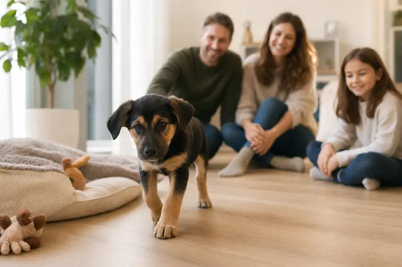 Ein junger Pastor Garafiano Welpe erkundet neugierig seine helle Wohnung mit einer weichen Decke und Spielzeug im Hintergrund.