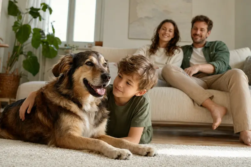 Ein freundlicher Pastor Vasco Hund liegt entspannt neben einem Kind im hellen Wohnzimmer, während die Eltern im Hintergrund für eine sichere Familienatmosphäre sorgen.