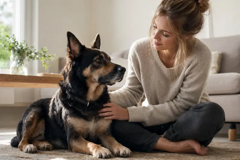 Pastor Vasco Hund in aufmerksamer Haltung vor hellem neutralem Hintergrund, als realistisches Tierportrait mit weichem Licht und klarer Fellstruktur.