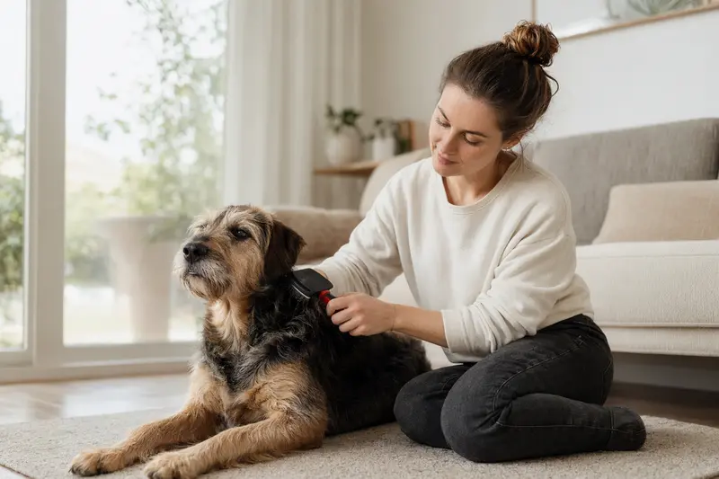 Ein Pastor Vasco Hund wird in einer hellen Wohnung sanft gebürstet, während sein Besitzer liebevoll die Fellpflege übernimmt.