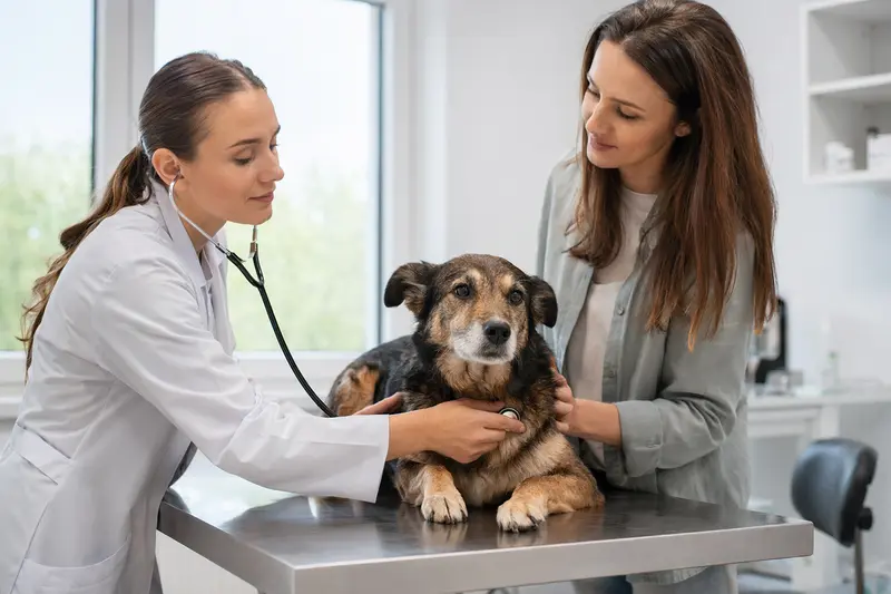 Ein freundlicher Pastor Vasco Hund wird von einer Tierärztin mit einem Stethoskop in einer hellen und modernen Tierarztpraxis untersucht, während der Besitzer beruhigend daneben steht.