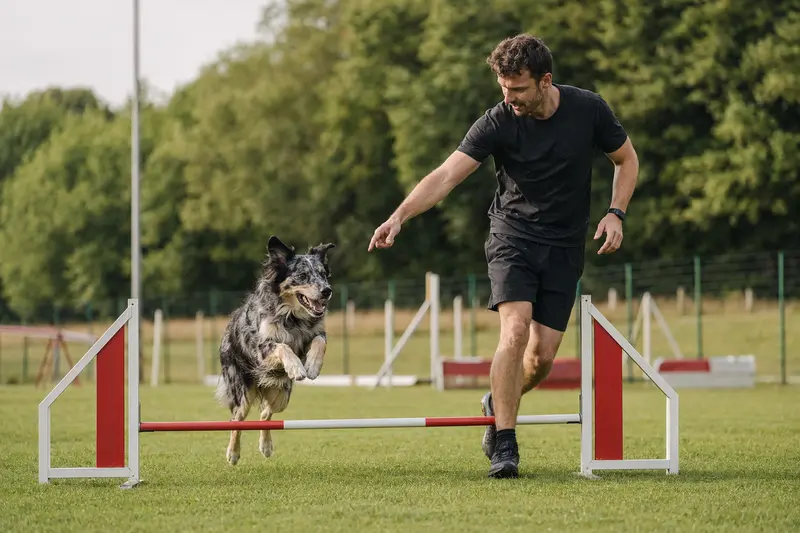 Ein aktiver Pastor Vasco Euskal Artzain Txakurra springt mit seinem Besitzer über eine kleine Trainingshürde auf dem Hundeplatz.