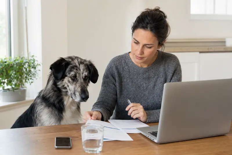 Ein Pastor Vasco Euskal Artzain Txakurra sitzt ruhig neben seinem Besitzer am Küchentisch mit Versicherungsunterlagen und Laptop zur Hundekrankenversicherung.