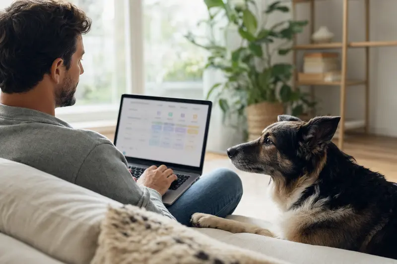 Ein Hundebesitzer arbeitet am Laptop auf dem Sofa, während sein Pastor Vasco Euskal Artzain Txakurra Hund neben ihm sitzt, was eine entspannte Hausatmosphäre zeigt.