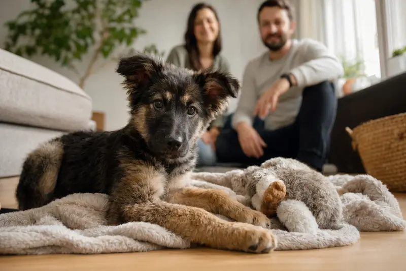 Ein neugieriger Vasco Euskal Artzain Txakurra Welpe entdeckt sein neues Zuhause mit einer lieben Familie im Hintergrund.