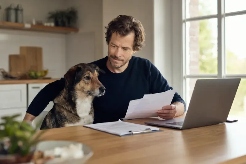 Ein Pastor Vasco Hund sitzt ruhig neben seinem Besitzer am Küchentisch mit Versicherungsunterlagen und Laptop auf einer Vergleichsseite.