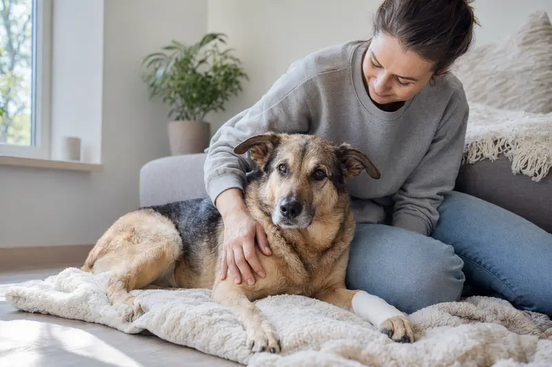 Pastor Vasco Hund mit leicht verbundenen Pfote liegt ruhig auf einer Decke neben seinem erleichterten Besitzer in einer hellen Wohnung.