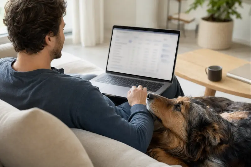 Ein Hundebesitzer sitzt mit einem Laptop auf dem Sofa, während ein Pastor Vasco Hund daneben steht und eine Versicherungsvergleichsseite zeigt.