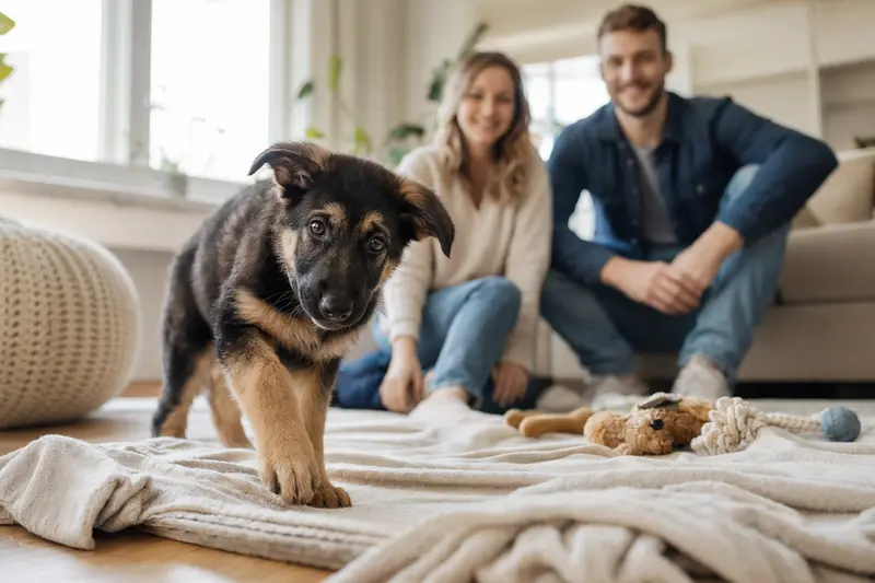 Ein junger Pastor Welpe erkundet neugierig sein neues Zuhause, umgeben von einer liebevollen Familie und Spielzeug auf einer weichen Decke.