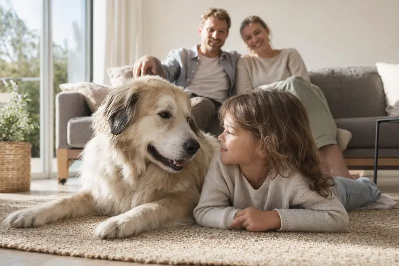 Ein freundlicher Patou Hund liegt entspannt neben einem Kind im Wohnzimmer und sorgt für eine warme familiäre Atmosphäre.