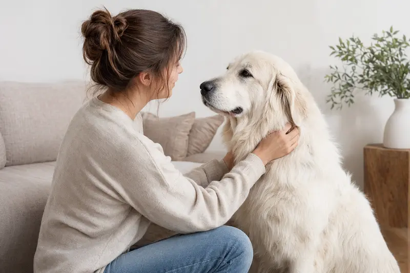 Ein aufmerksamer Patou Hund steht vor einem hellen Hintergrund und zeigt seine typische Körperform und Fellstruktur.