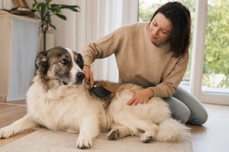 Ein Patou Hund wird liebevoll zu Hause gebürstet, was die Verantwortung für die Gesundheit des Tieres betont.