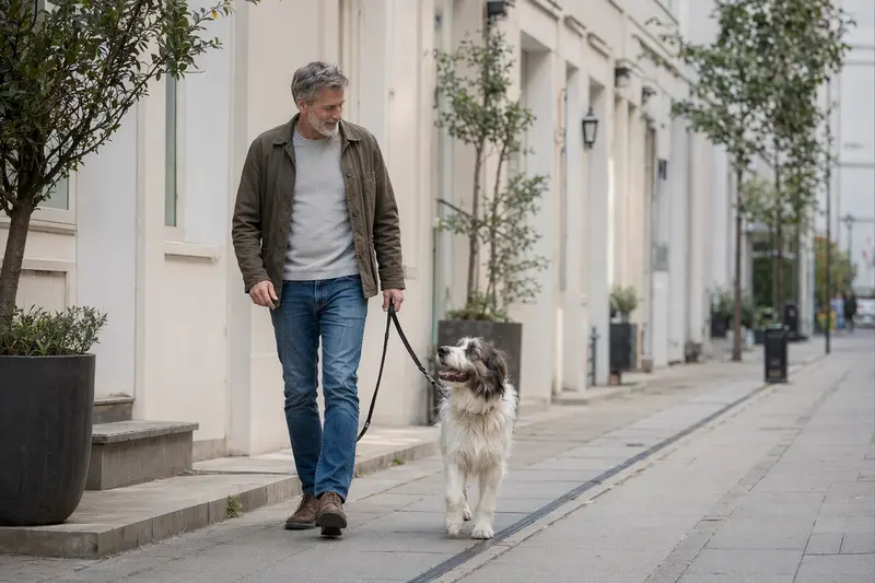 Ein Patou Hund läuft entspannt an der Leine mit seinem Besitzer durch eine moderne Stadtstraße.