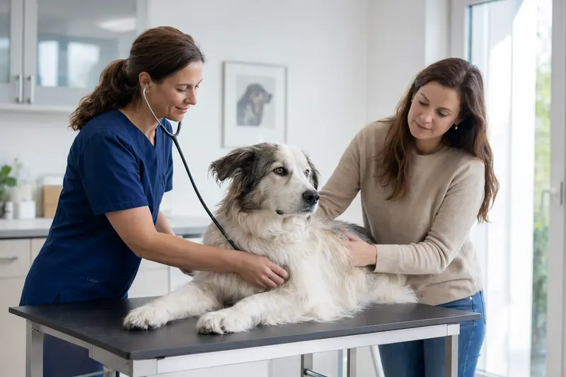 Ein ruhiger Patou Hund liegt auf einem Untersuchungstisch, während eine freundliche Tierärztin ihn mit einem Stethoskop untersucht.