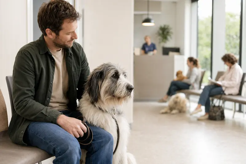 Ein Patou Hund sitzt entspannt neben seinem Besitzer im Wartezimmer einer modernen Tierarztpraxis, umgeben von anderen Tieren.