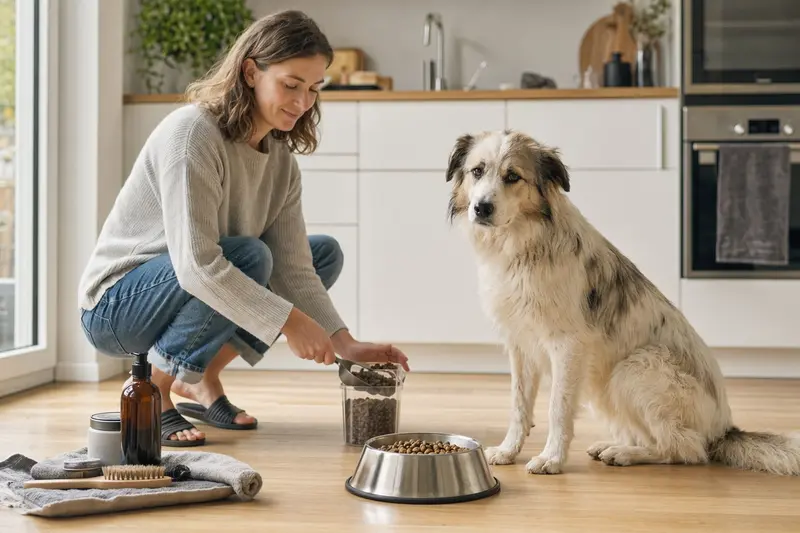 Ein Patou Hund sitzt neben einem hochwertigen Futternapf und Pflegezubehör in einer modernen Küche, während sein Besitzer frisches Futter zubereitet.