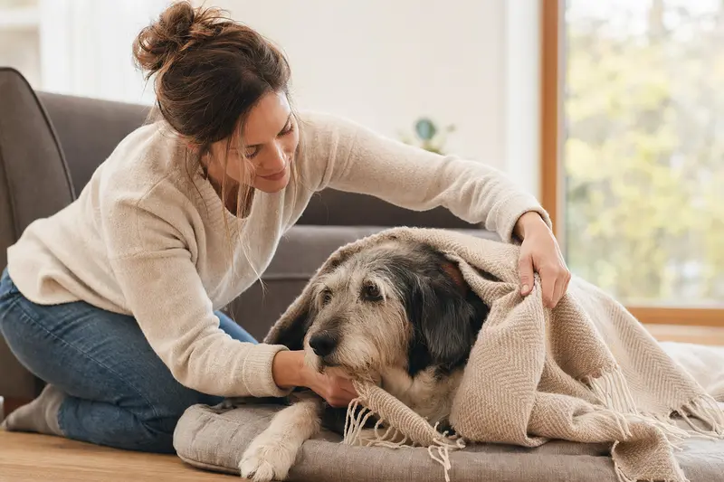 Ein entspannter Patou Hund in einem hellen Zuhause, während sein Besitzer ihm liebevoll eine Decke überlegt.