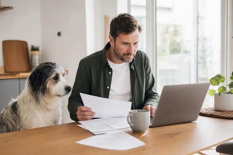 Ein ruhiger Patou Hund sitzt neben seinem Besitzer am Küchentisch, auf dem Versicherungsunterlagen und ein Laptop liegen.