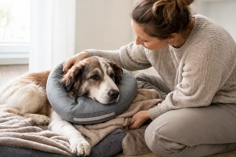 Ein entspannter Patou Hund mit medizinischem Schutzkragen ruht friedlich auf einer Decke, während sein Besitzer beruhigend daneben sitzt.