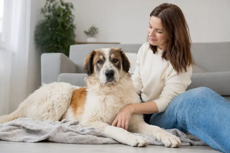 Ein Patou Hund mit einem leichten Verband an der Pfote liegt entspannt auf einer Decke neben seinem erleichterten Besitzer in einer hellen Wohnung.
