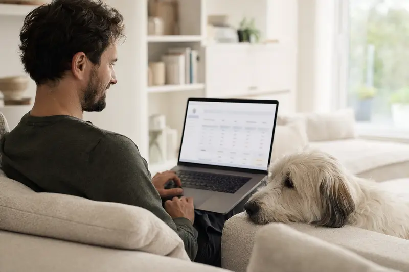 Ein Hundebesitzer sitzt auf dem Sofa und vergleicht online Tierkrankenversicherungen mit seinem Patou Hund neben sich.