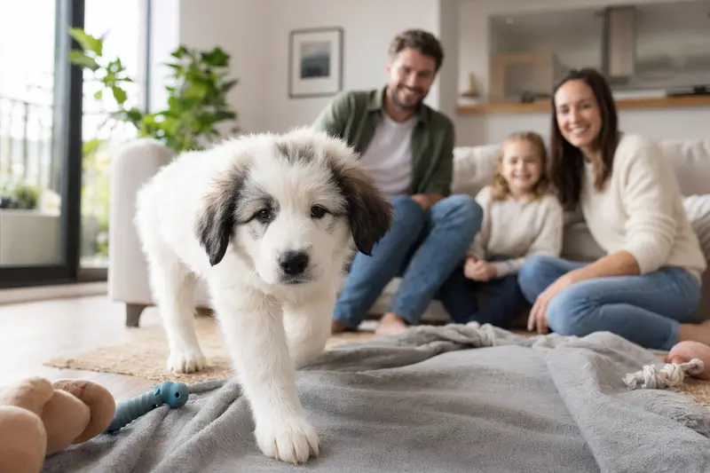 Ein junger Patou Welpe erkundet neugierig sein neues Zuhause mit weicher Decke und Spielzeug, während eine liebevolle Familie im Hintergrund sichtbar ist.