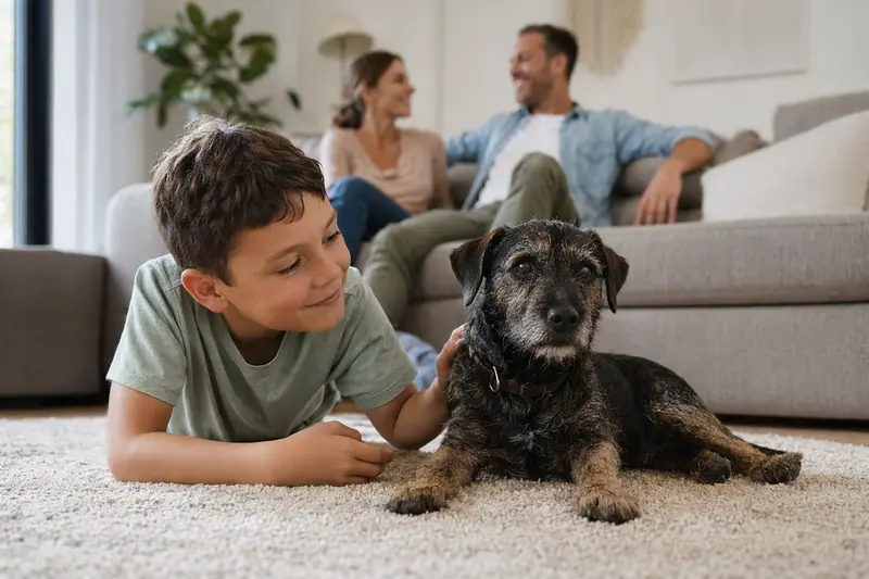 Patterdale Terrier liegt entspannt neben einem Kind im hellen Wohnzimmer einer sicheren Familie.