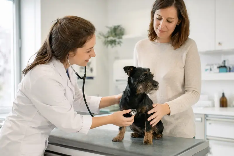 Ein ruhiger Patterdale Terrier wird in einer modernen Tierarztpraxis von einer freundlichen Tierärztin mit Stethoskop untersucht.