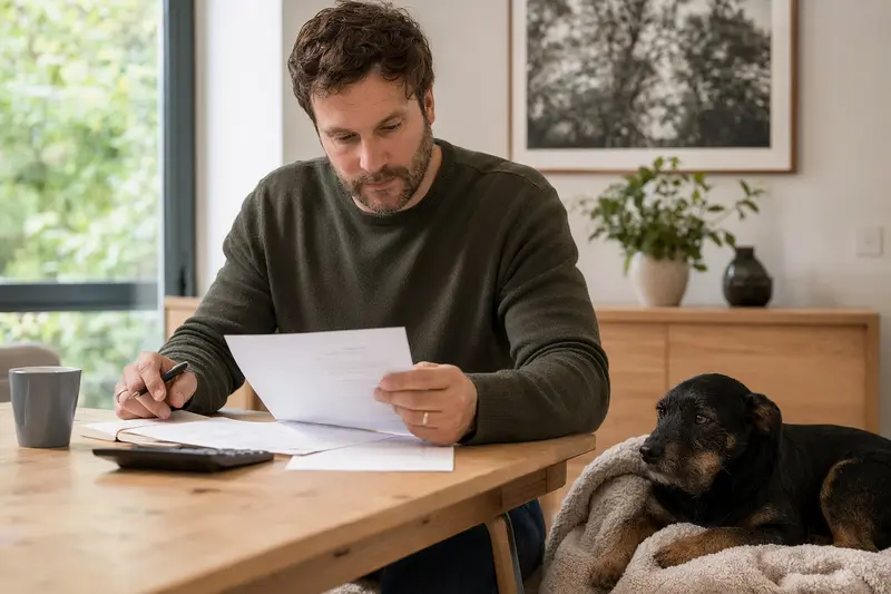 Ein Hundebesitzer sitzt mit einer Tierarztrechnung am Tisch, während ein entspannter Patterdale Terrier ruhig auf einer Decke liegt und die Tierarztkosten für den Hund sachlich im Alltag veranschaulicht.