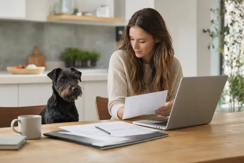 Ein Patterdale Terrier sitzt ruhig neben seinem Besitzer am Küchentisch, während Versicherungsunterlagen und ein Laptop mit Vergleichsseite auf dem Tisch liegen.