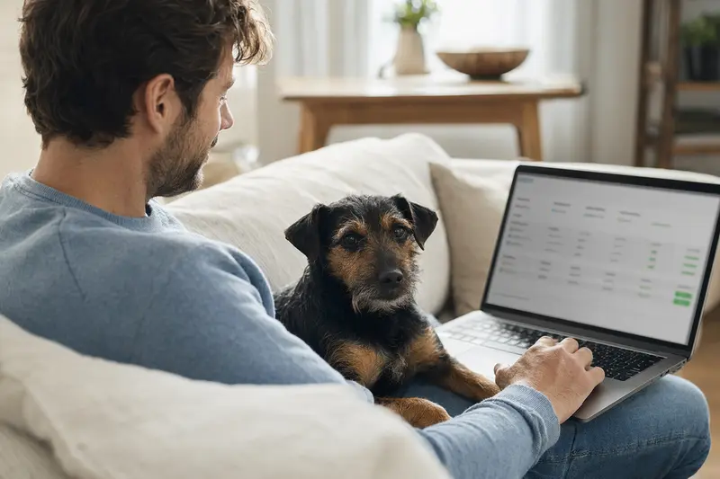 Besitzer sitzt mit Laptop auf dem Sofa, Patterdale Terrier daneben, für Tierversicherung Informationen suchend.